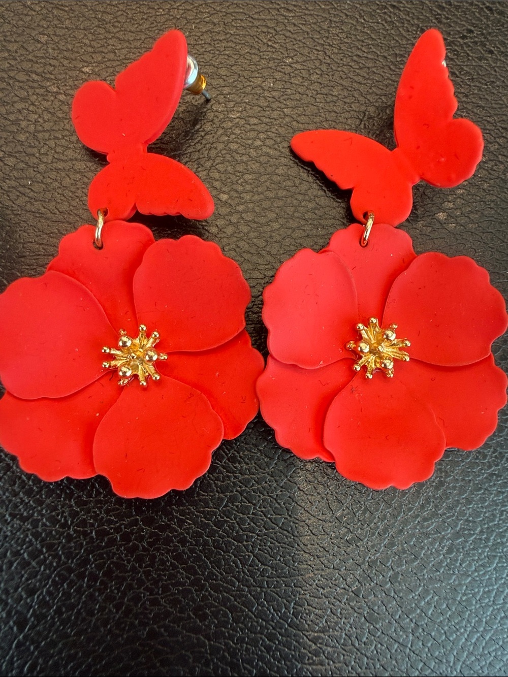 Red orange Floral Drop Earrings with Gold Center - Women Jewelry
